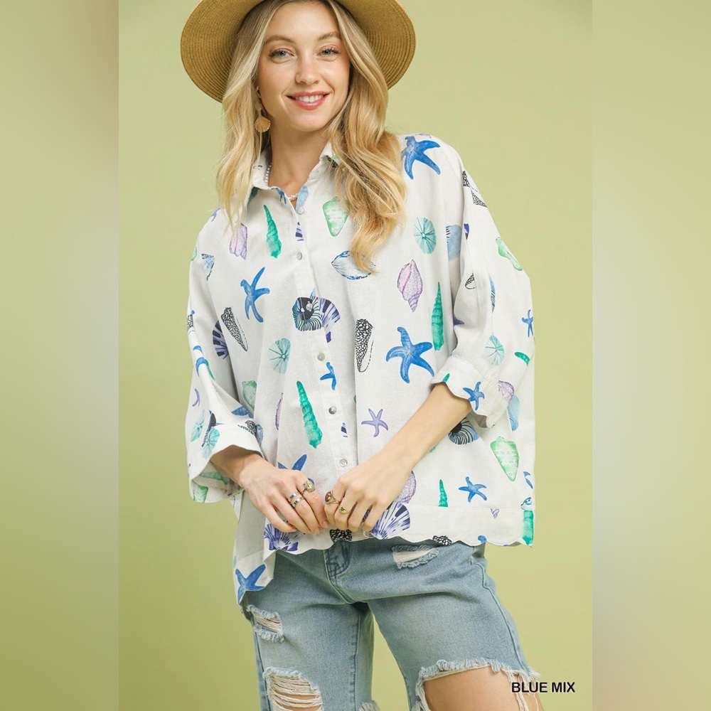 Umgee Seashell & Starfish Print Button-Down Top